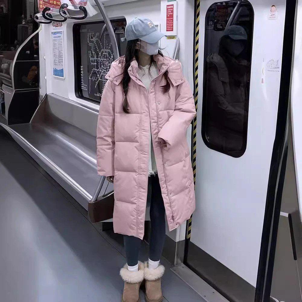 Mid-length Cotton-padded Jacket for Women in Winter Korean Style Loose Casual Hooded Thickened Warm Over-the-knee Cotton Jacket