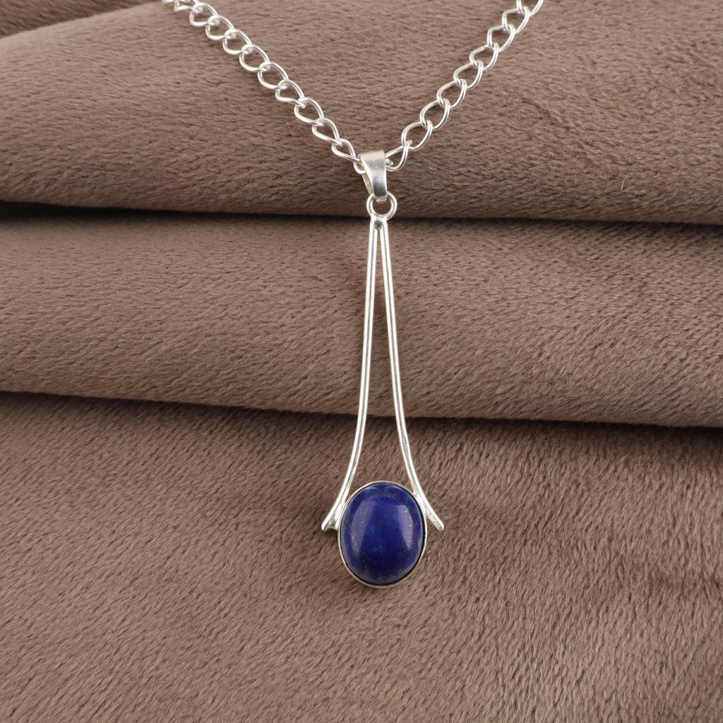 Natural Lapis Lazuli Gemstone 925 Sterling Silver Necklace Handcrafted Jewelry Women's Long Pendant 1.79" PP-69-32
