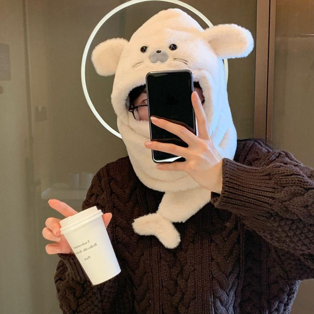 Cute Seal Plush Hooded Scarf 3 in 1 Ear Protection Hat Simple Earflap Hat Streetwear
