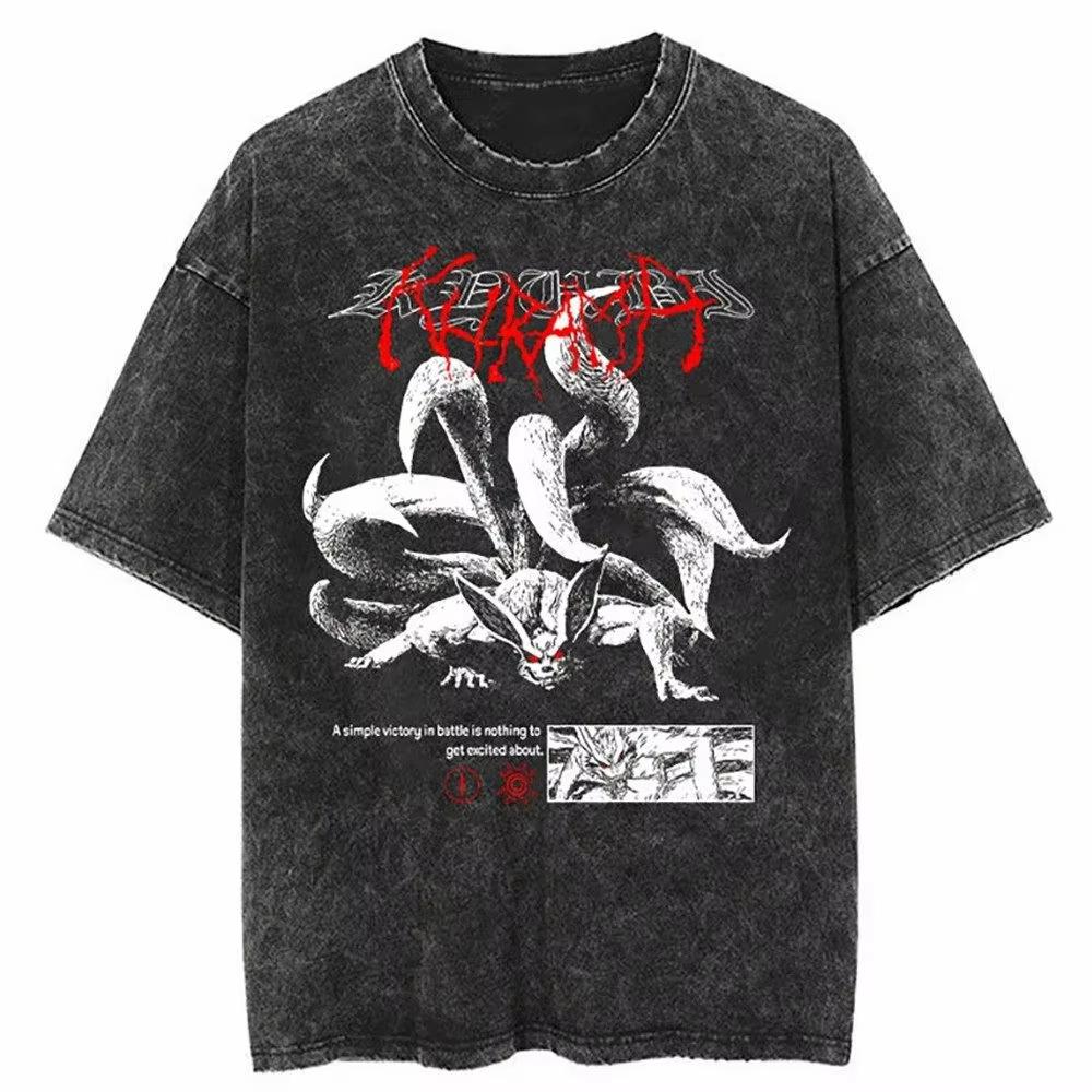 

Harukas Streetwear Washed Naruto Anime Tshirt for Men Pure Cotton Summer Short Sleeve Retro Vintage Design Ins Yk XL