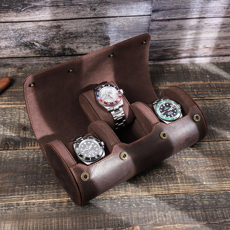 Vintage Crazy Horse Leather Watch Storage Box Set - Portable, Oval Design for Travel