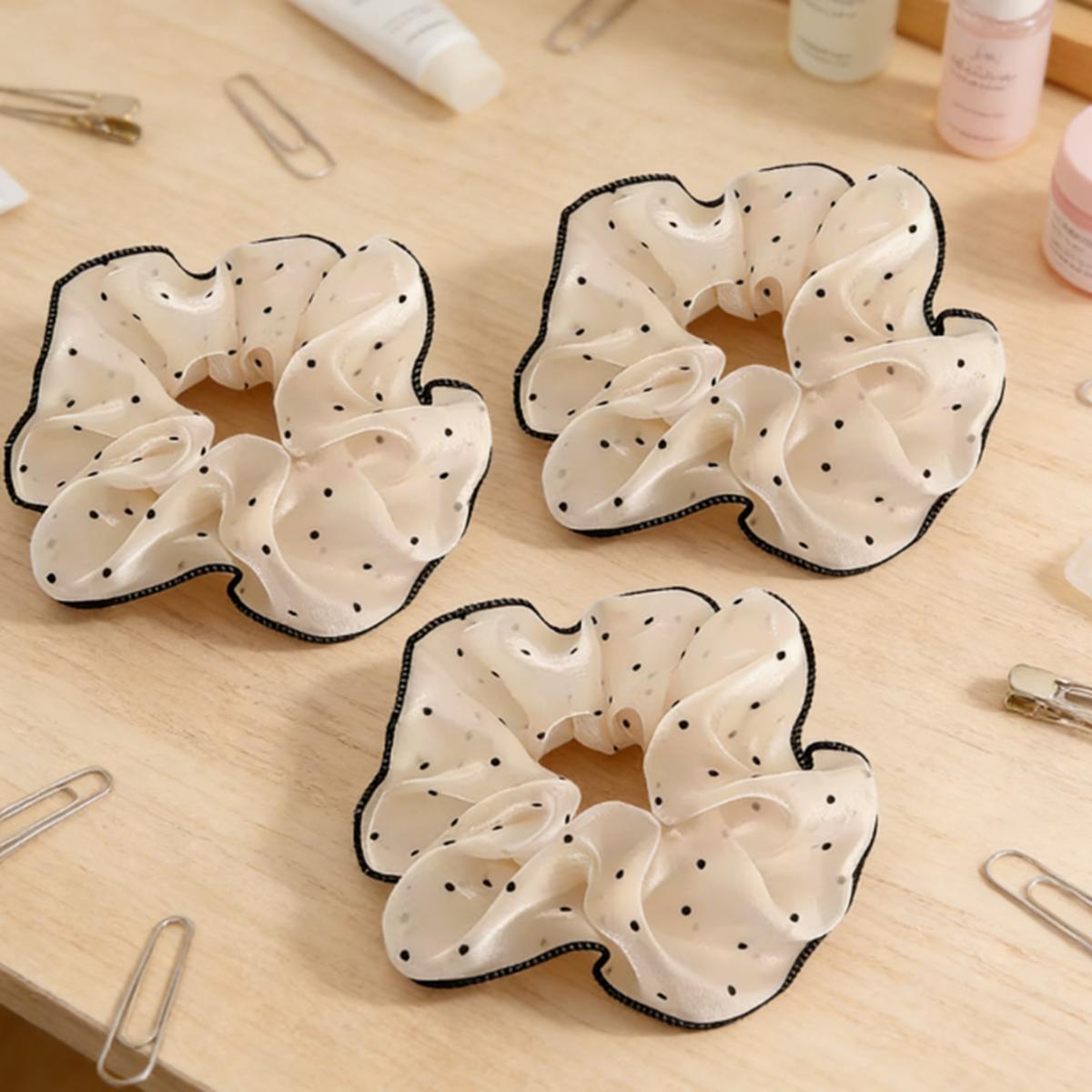 

3Pcs White Organza Hair Scrunchies with Black Trim - Heart Dot Floral Print - Soft Hair Ties for Ponytail and Bun Styling