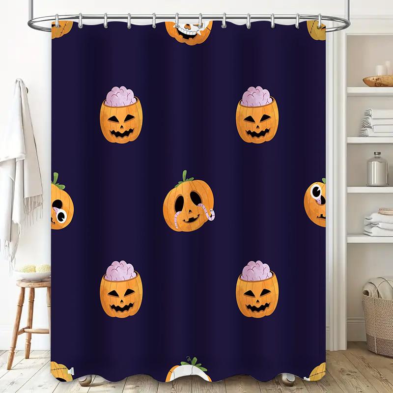 Halloween-themed Shower Curtain with Pumpkin Designs for Home Decor In Purple Color Waterproof Fabric Washable Bathroom Curtains