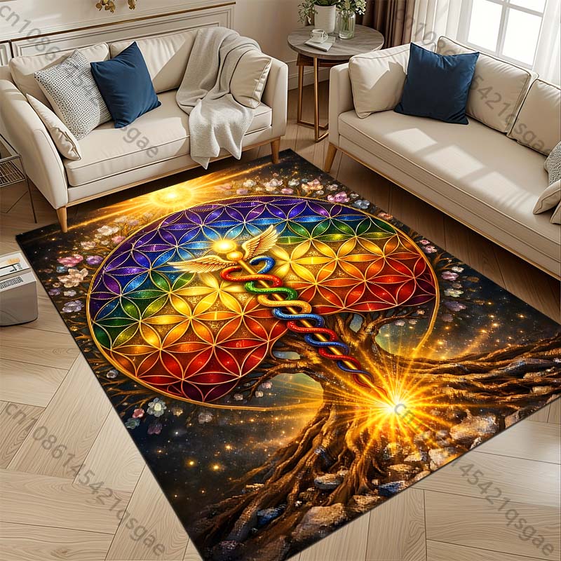 Multiple sizes Rainbow Flower of Life Pattern Carpet for Living Room Bedroom Sofa Home Decor Rus Non-slip Floor Mat Luxury Gift