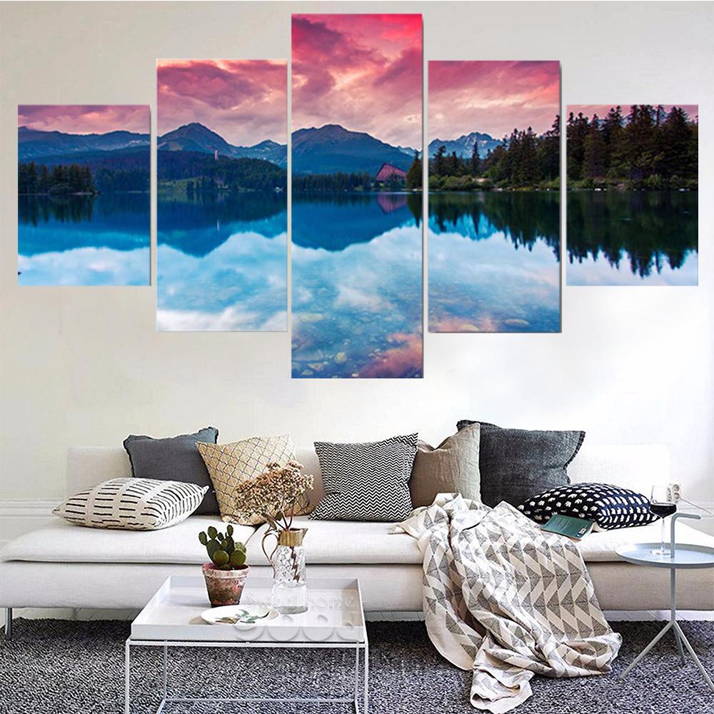 Wall Art Canvas Painting Mountain Forest Clouds Lake Modular HD Printed 5 Panel Posters Print Picture for Living Room Home Decor