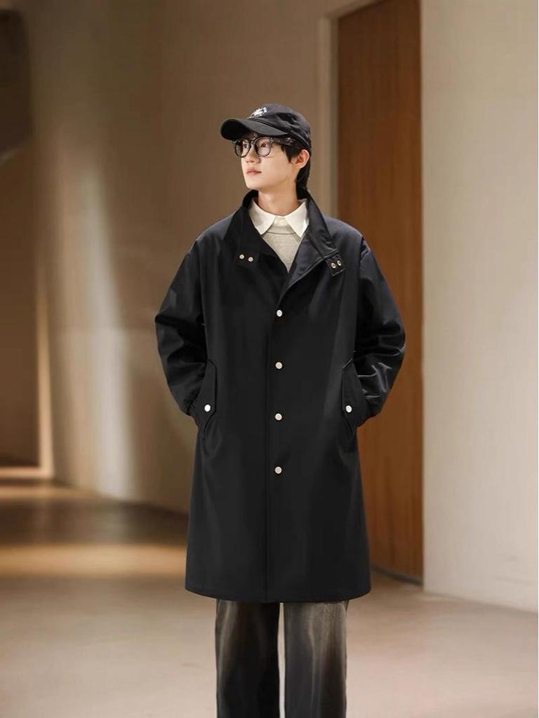Men's Mid-Length Single-Breasted Trench Coat with Stand-Up Collar - Loose Casual Fit, Plus Size, British Style Jacket