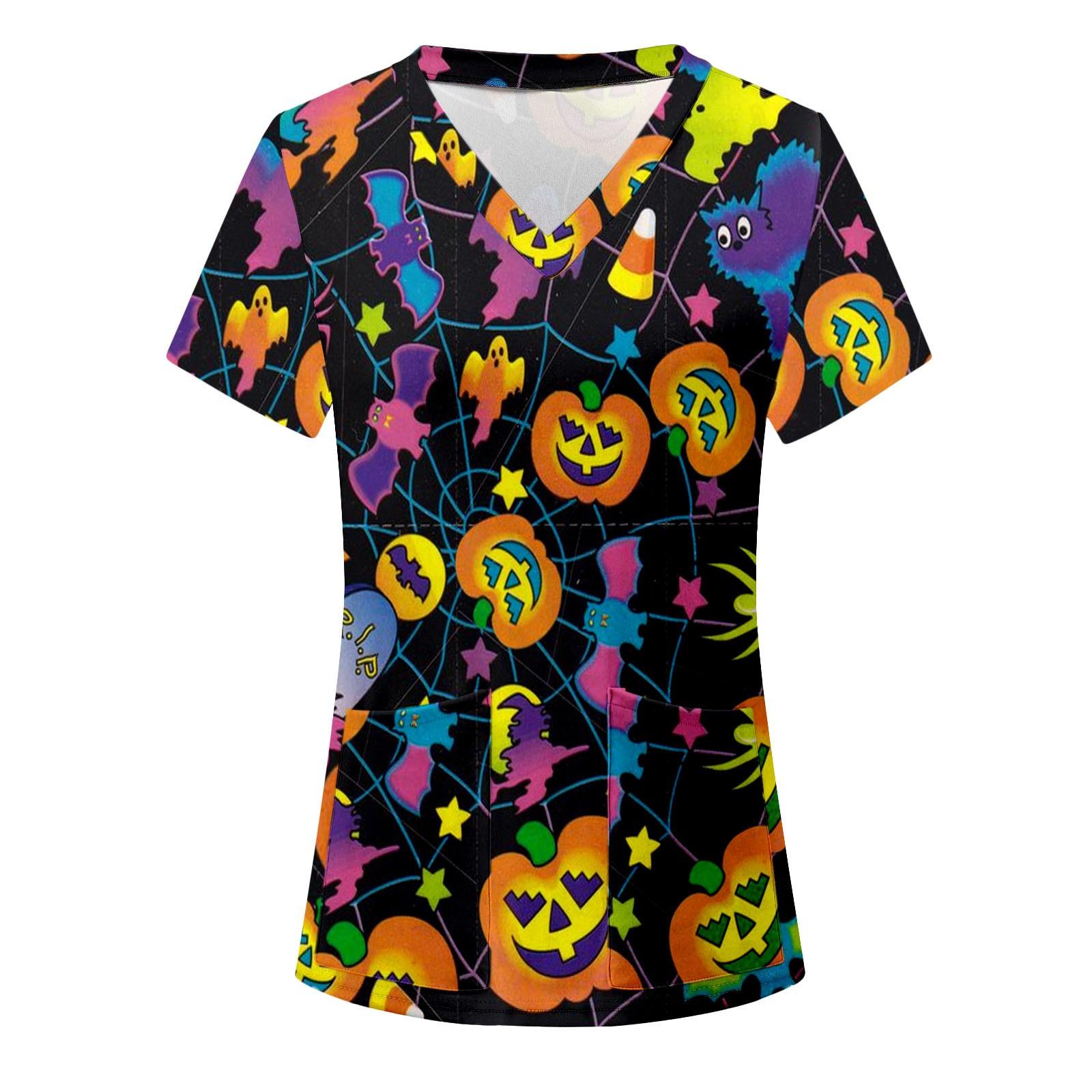 Ladies Casual V-Neck Short Sleeve Halloween Print Uniform T-Shirt S