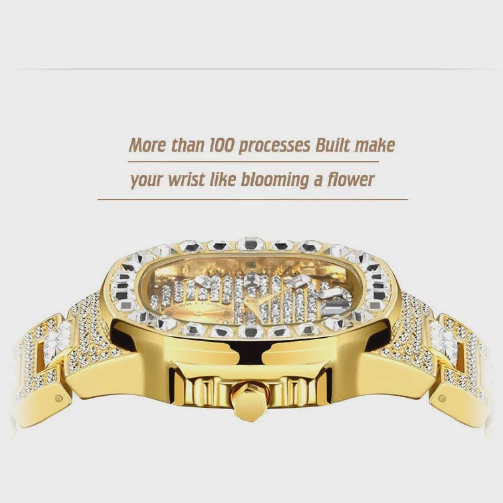 Hip Hop Iced Out Mens Watch Diamond Paved Analog Quartz Watch Waterproof Stainless Steel Luxury Wristwatch