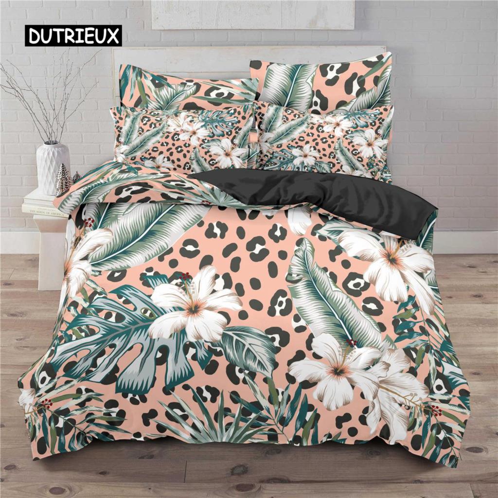 

Leopard Print Duvet Cover Set Tropical Plant Flower Print Bedding Set Microfiber 2/3pcs Twin Double Queen King Size Quilt Cover Tool EU single(135x200cm)