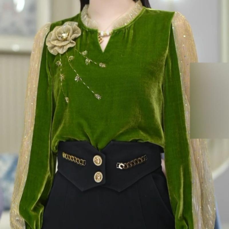 Women Vintage Stylish Mesh Patchwork Blouses Elegant 3D Flower Design Commute Shirts Autumn Casual V Neck Long Sleeve Loose Tops