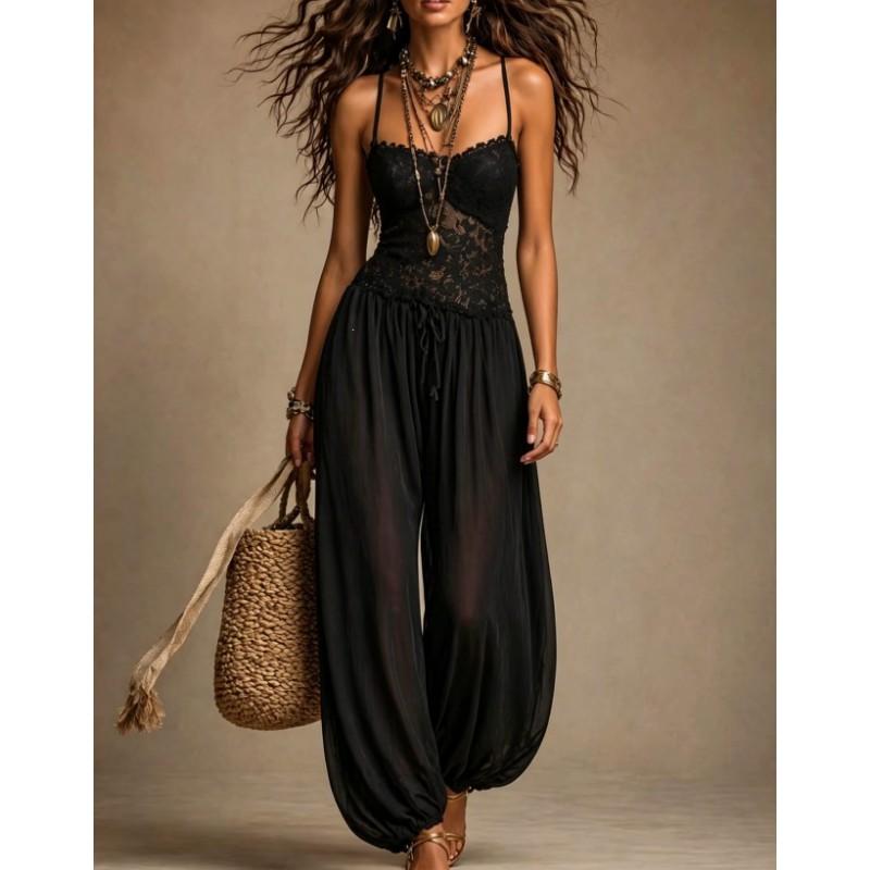 2026 Schwarzer Bohème-Spitzenbesatz Chiffon-Jumpsuit Damen Ärmellos Weiter Bein Romper
