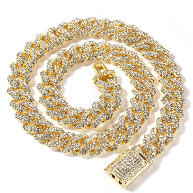 Austrian Rhinestone Quality Fashion Moon Iced Out 18mm Hip Hop Link Necklace Prong Cuban Link Chain Jewelry for Men with Clasp
