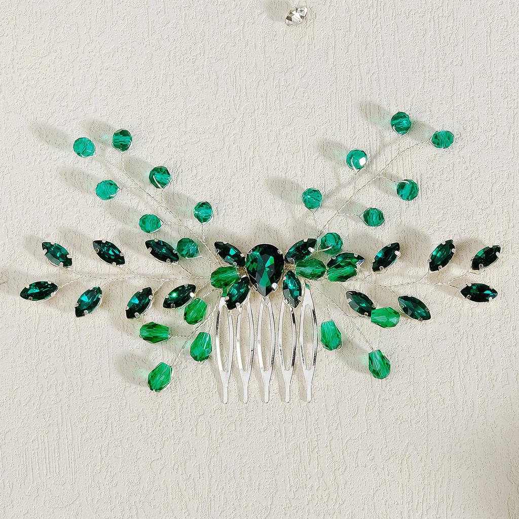 Retro Alloy Rhinestone Plug Comb Handmade Leaf Green Crystal Headdress Antique Hanfu Jewelry Bridal Hair Comb