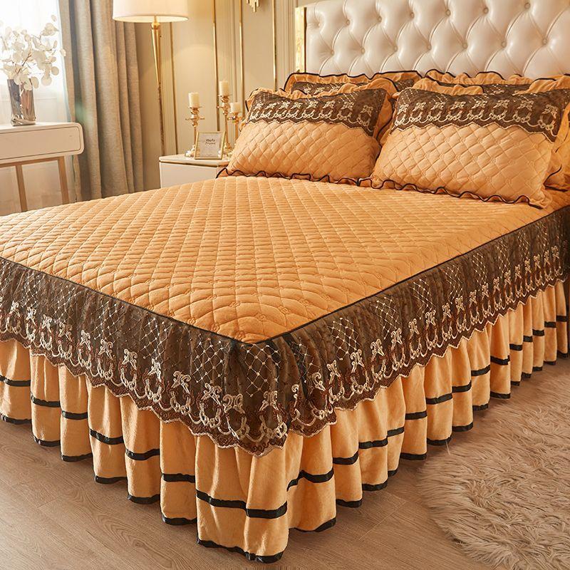3-teiliges gestepptes Bettvolant-Set Prinzessin Spitze Verdickte Bettdecke, Yamame Rutschfeste Bettdecke Schutzhülle Bettwäsche Vier Jahreszeiten