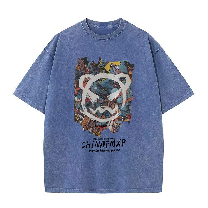 Hip hop washed and worn round neck short sleeve T-shirt fried snowflake retro loose drop shoulder hipster