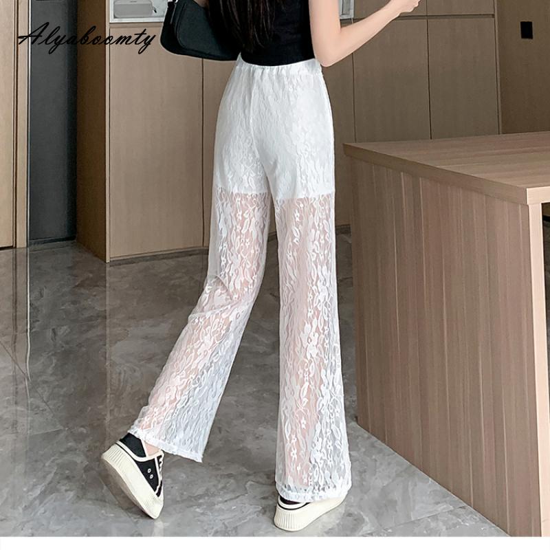 Korejská móda letní dámské bílé krajkové kalhoty s elastickým pasem, tenké stylové dámské elegantní ženské kalhoty se širokými nohavicemi