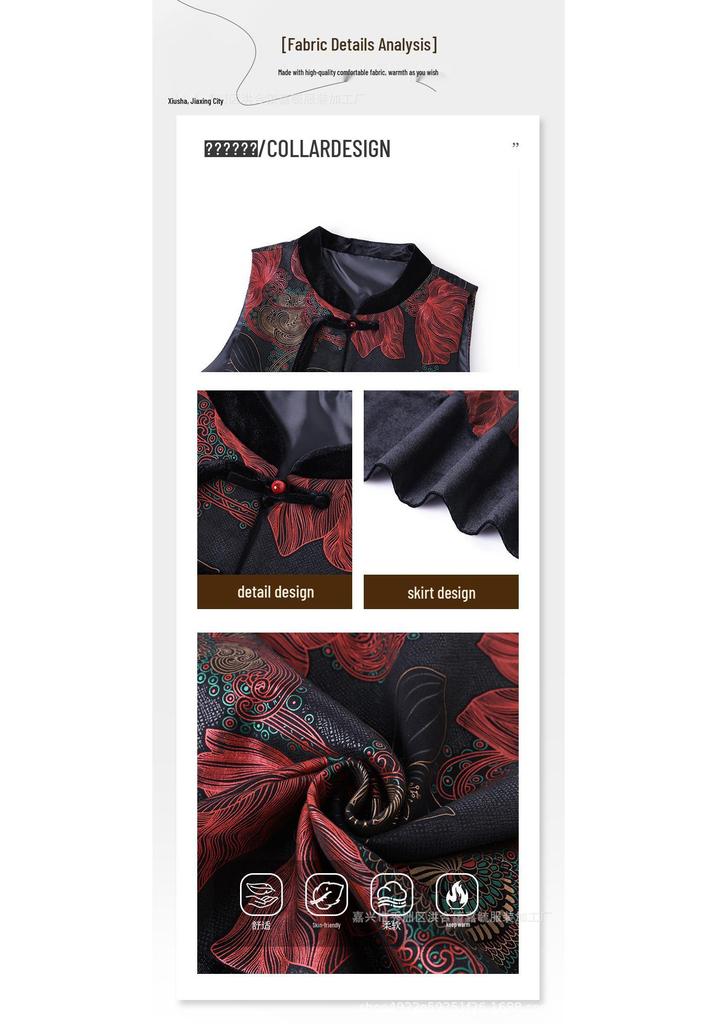 Women's Golden Velvet Vest & Suit: Middle-Aged/Elderly Spring Three-Piece Set - Chinese National Style