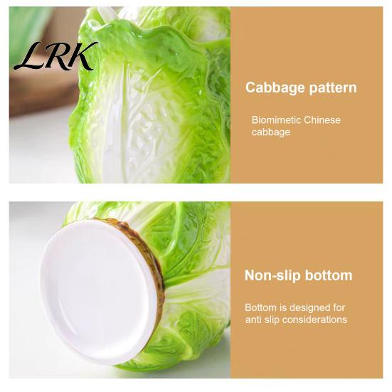 Home Kitchen Countertop Decor Ceramic Cabbage Shaped Lard Jar with Lid Spoon, 350ml Sealed Salt And Sugar Cellar Seasoning Container, Multi