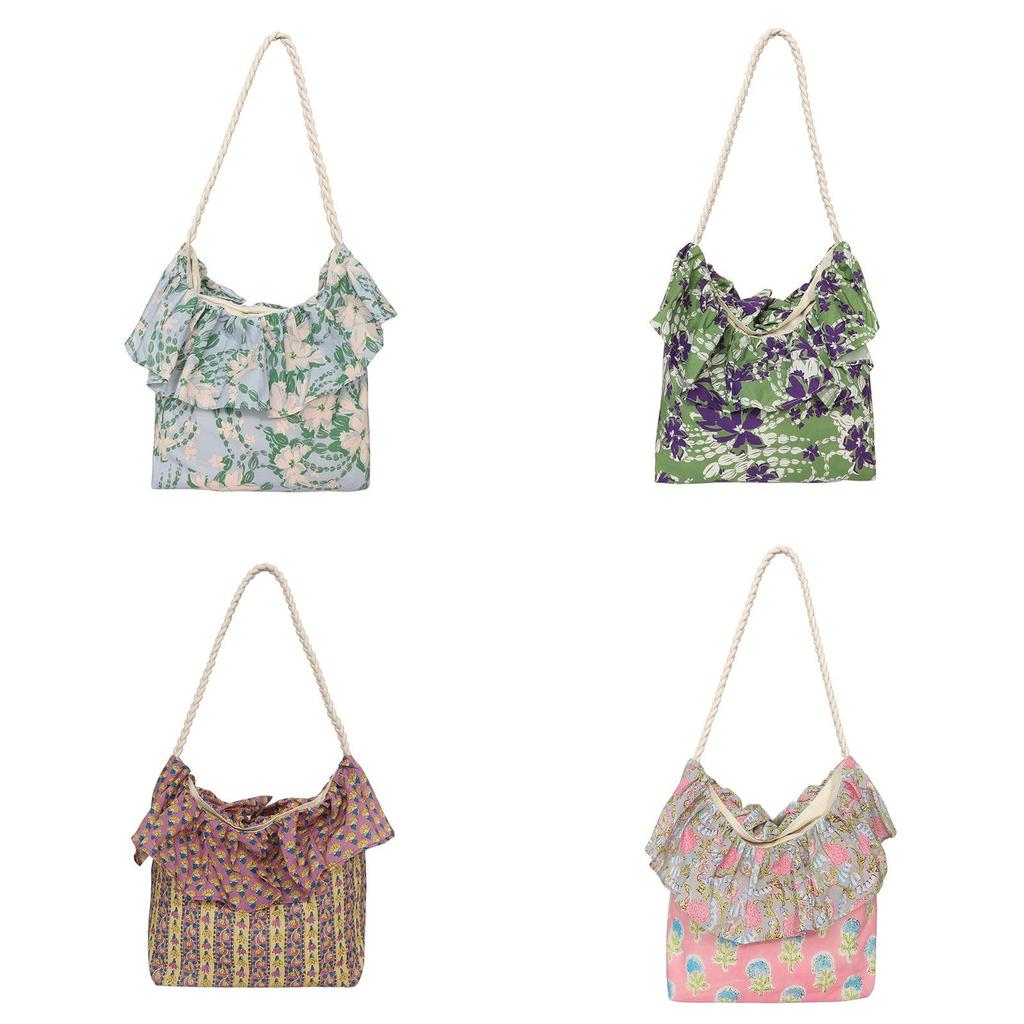 Casual Tote Bag With Floral Print And Ruffle Edges For Beach And Day Trips