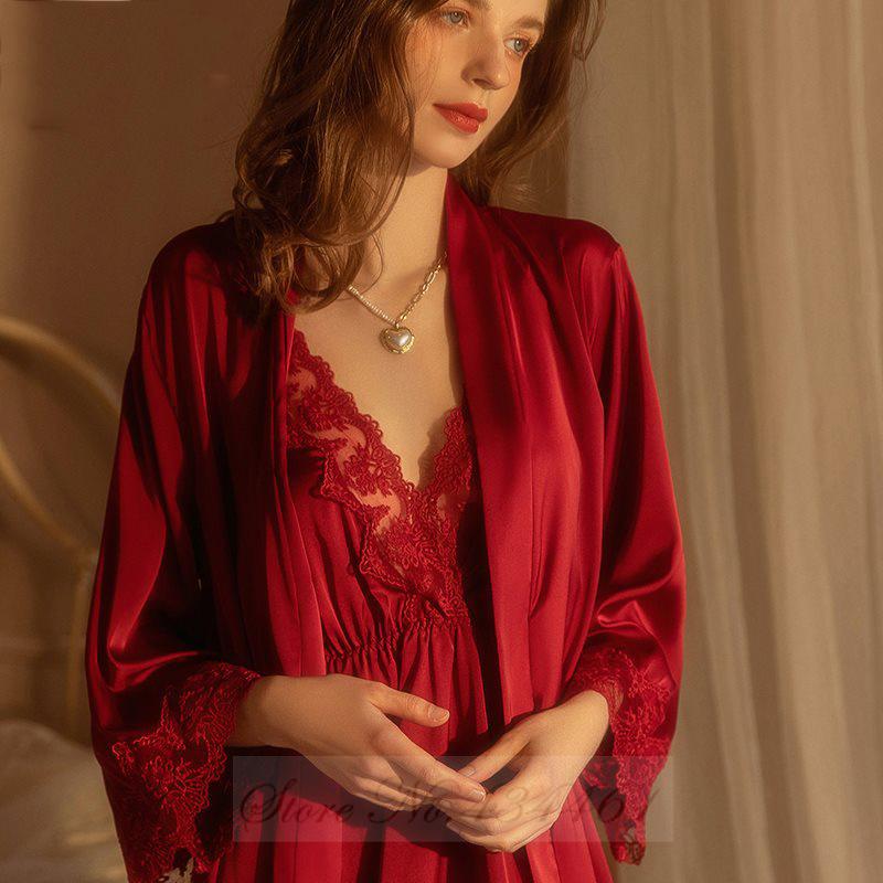 Black Lace Trim 2PCS Robe Nightgown Set Spring Summer Women Sleepwear Nightdress Sexy Bathrobe Underwear Loose Satin Home Wear