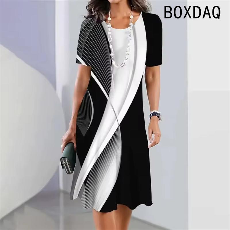 Vintage Elegantes Damenkleid Sommer Kurzarm Rundhalsausschnitt Lässig A-Linie Kleid Schwarz Weiß Farbverlauf 3D Digitaldruck Kleid