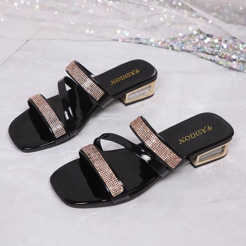 Women's 2026 New Patent Leather Rhinestone Block Heel Slides Sandals Fashion Sparkly Casual Summer Shoes