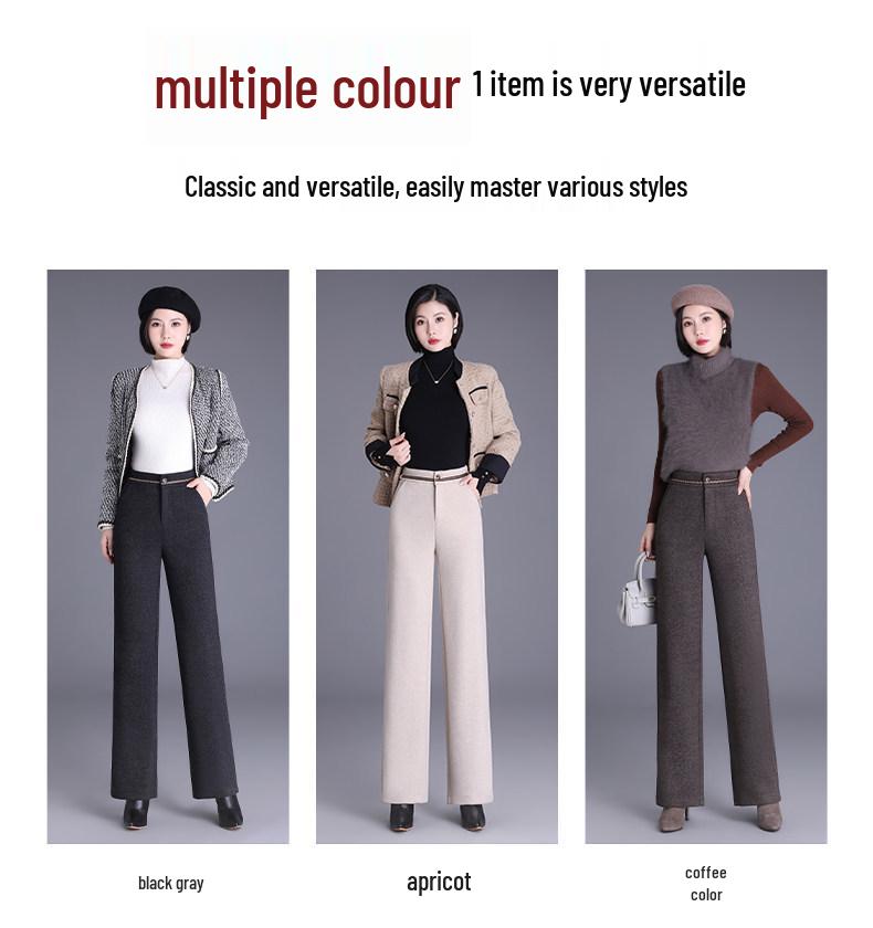 Women's Woolen High-Waisted Wide-Leg Pants - Versatile Spring/Autumn Style, Thickened with Elastic Back, Straight-Leg Trousers