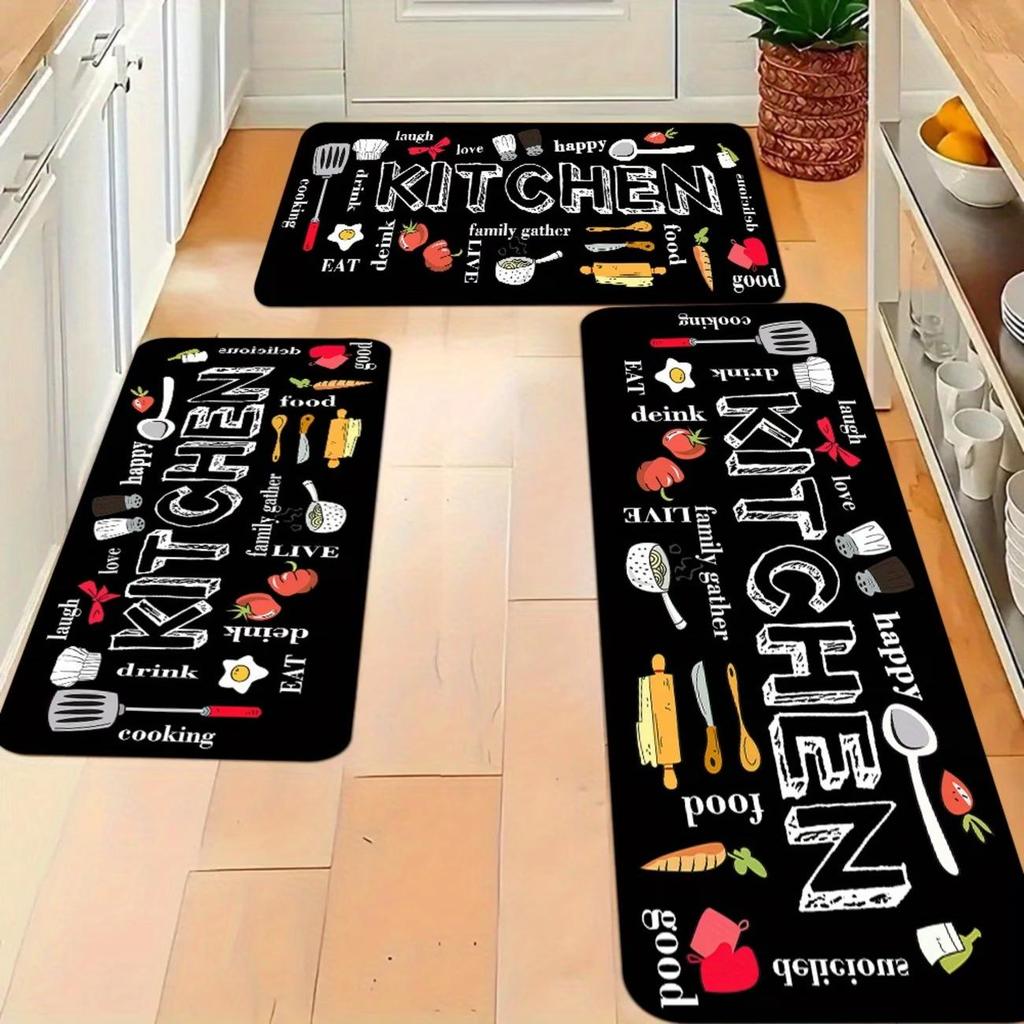 Spring Floral Series Kitchen Floor Mats - Dirt-Resistant, Wear-Resistant, Easy-to-Clean, Three-Piece Set