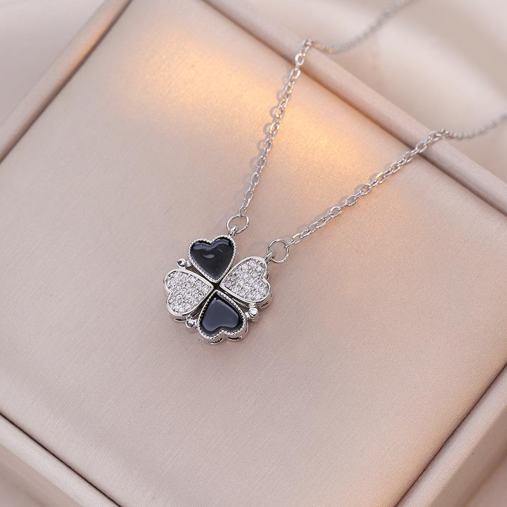Women's Japanese Korean Folding Fashion Two-Wearing Four-Leaf Flower Heart-to-Heart Clavicle Necklace Zircon Copper Water-Wave