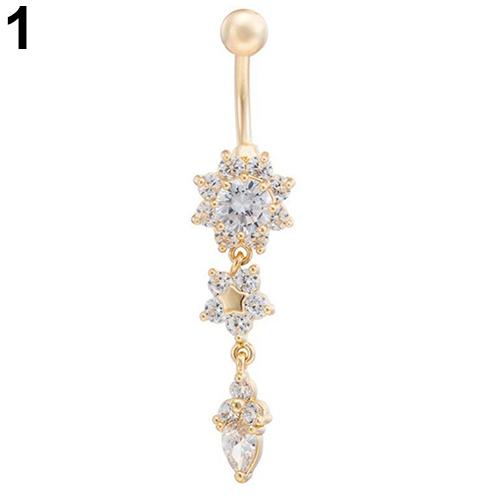 Sexiga kvinnor Blomma Rhinestone Dangle Bar Skivstång Belly Button Ring Body Piercing