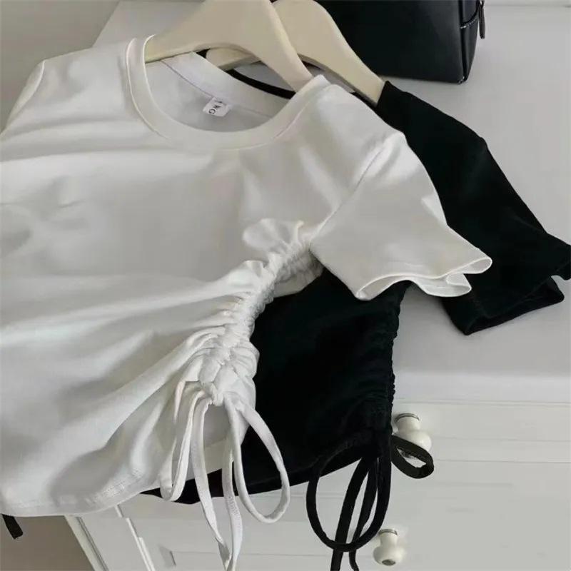 

Женская приталенная футболка с коротким рукавом на кулиске в корейском стиле L (100-115 jin) белый