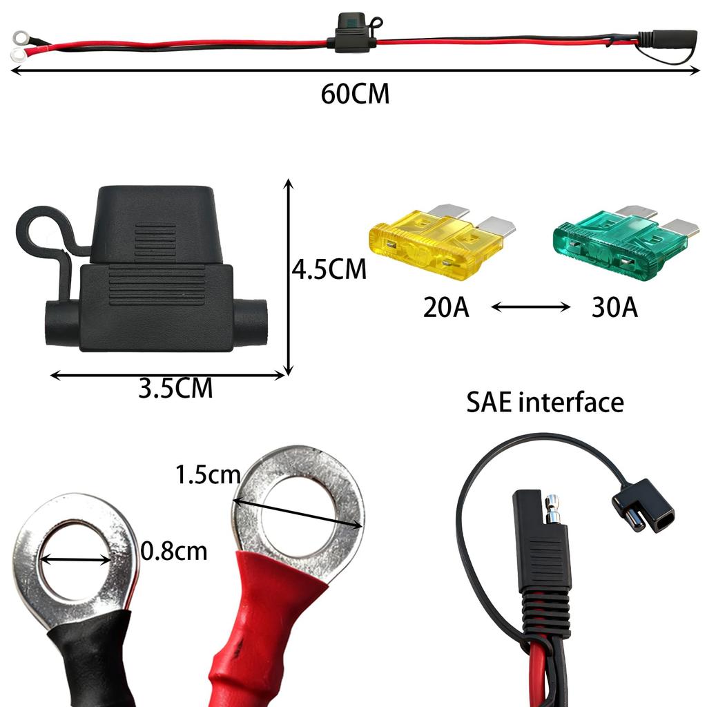 CTRICALVER 10AWG SAE Power Lead, 20A/30A Fuse & Cap for