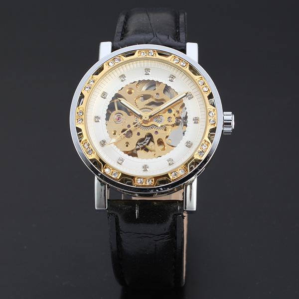 Forsining Three-Pin Automatic Hollow Double Rhinestone Gear Back Through Men'S And Women'S Leisure Mechanical Belt Watch D121