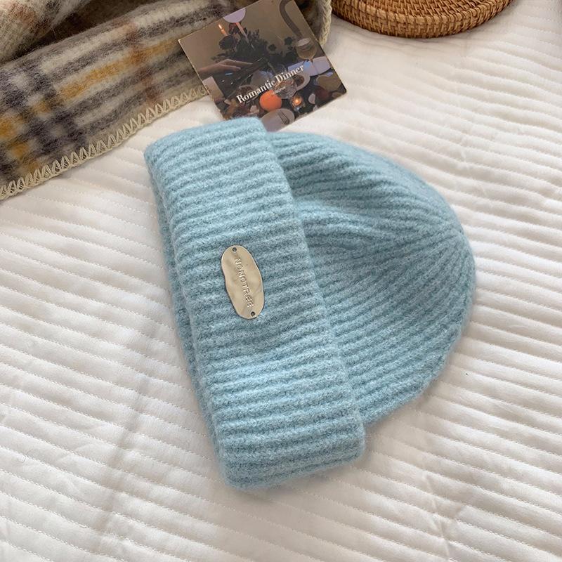 

Шапка из толстой шерсти для большого обхвата головы, женская осенне-зимняя свободная теплая шапка от холода, защита ушей, показывает лицо маленьким, бежевая вязаная шапка M（56-58cm） голубой воды