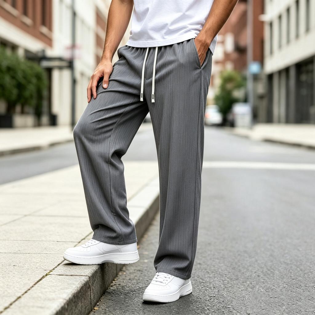 Men's Drawstring Loose Fit Casual Pants with Texture - Lightweight Breathable Athletic Joggers for Everyday Wear
