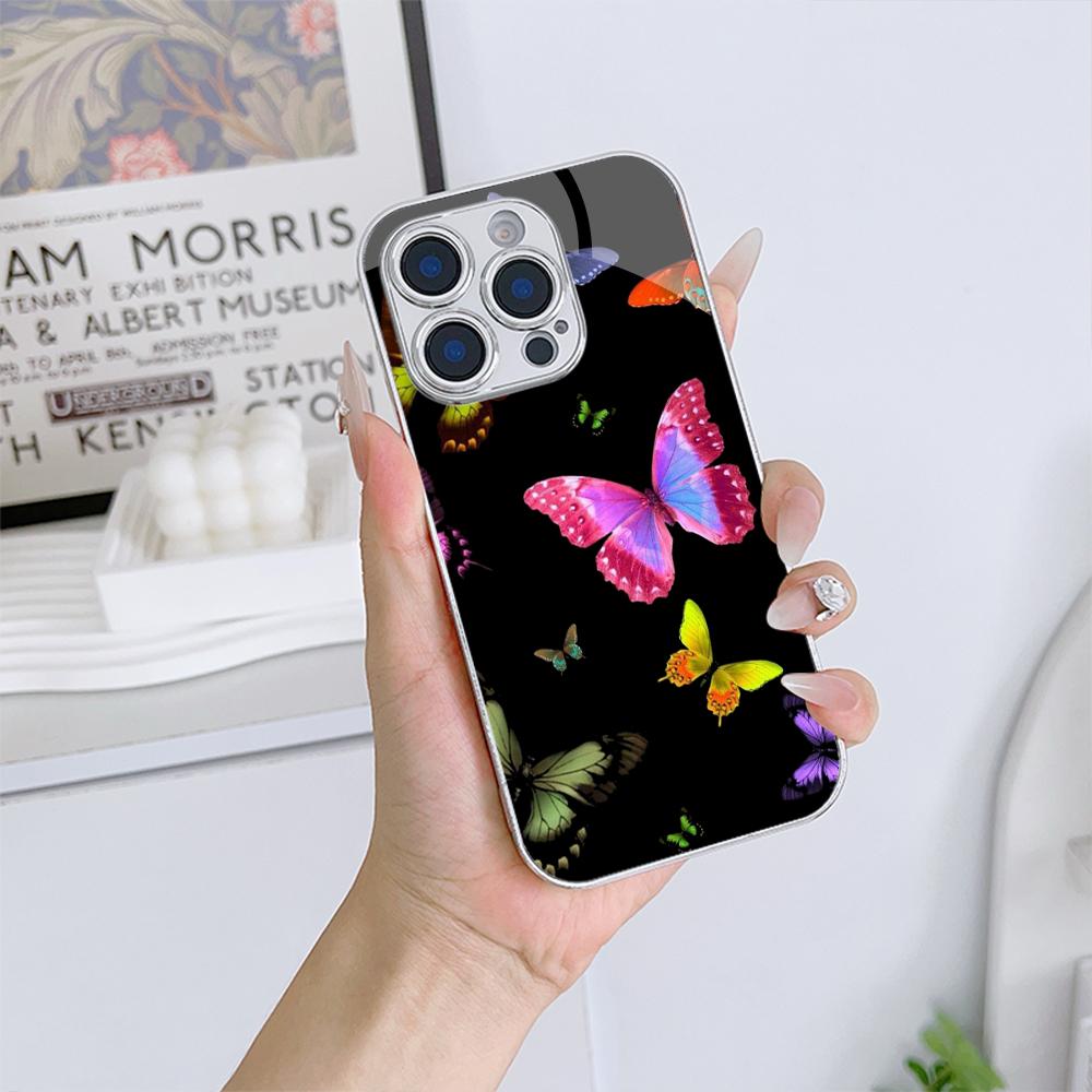 N142 Butterfly Phone Case for iPhone 16 15 11 Pro Max Samsung S24 S23 Ultra A54 A35 A52 Xiaomi Redmi Note 13 12 Pro Plated Frame Tempered Glass Cover