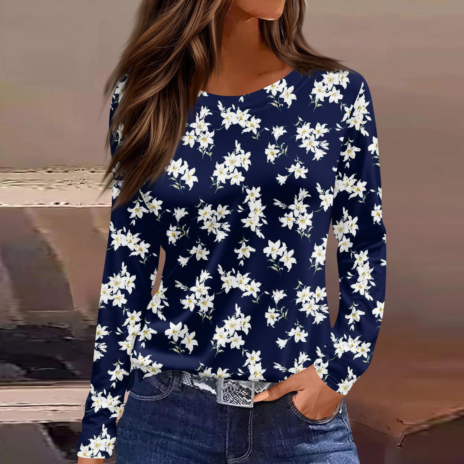 

Женская мода повседневный топ с цветочным принтом и круглым вырезом, длинными рукавами