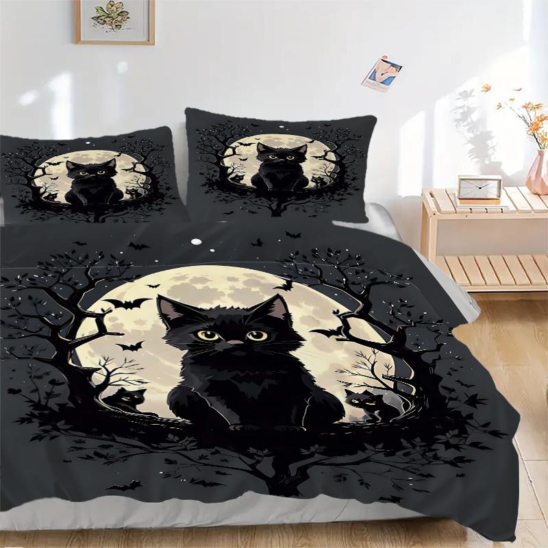 3pcs Moon and Black Cat Creative Design Printed Quilt Set - Soft and Comfortable Quilt Cover for Bedroom, Guest Room and Dormitory Decorativ