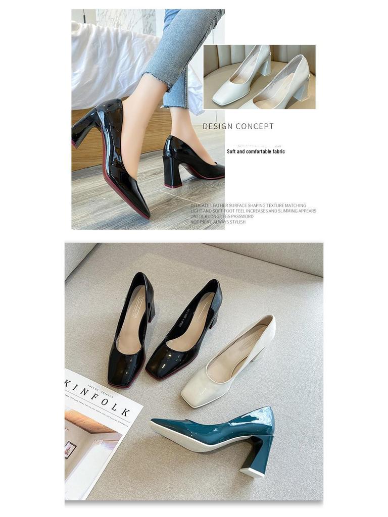 Korean Style Patent Leather Square Toe Women's High Heels with Thick Heels for 2024