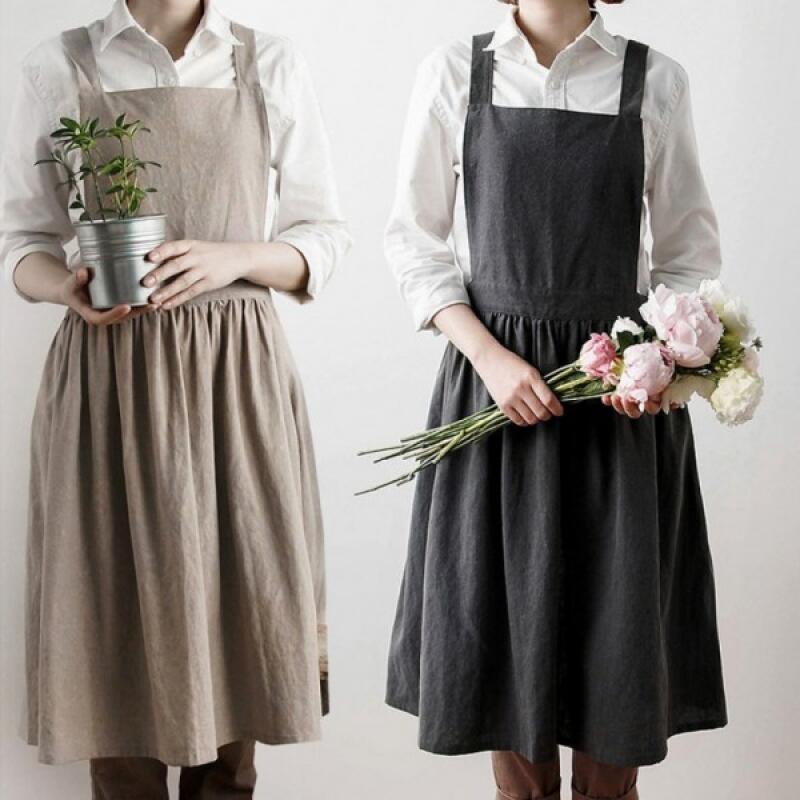 Natural washed cotton one-piece apron with large pockets Washed cotton one-piece apron (green)