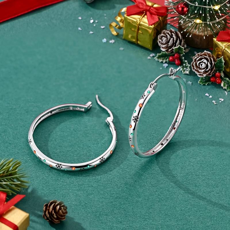 Red Series Original 925 Sterling Silver Snowflake Christmas Hoop Earrings For Women Wedding Christmas Festive Jewelry Gift