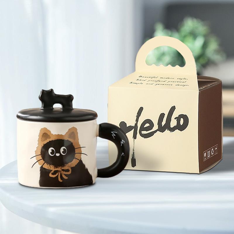 Cute Cat With Lid Couple Ceramic Water Cup Household Girl High Value Gift Box Cup Office Coffee Cup