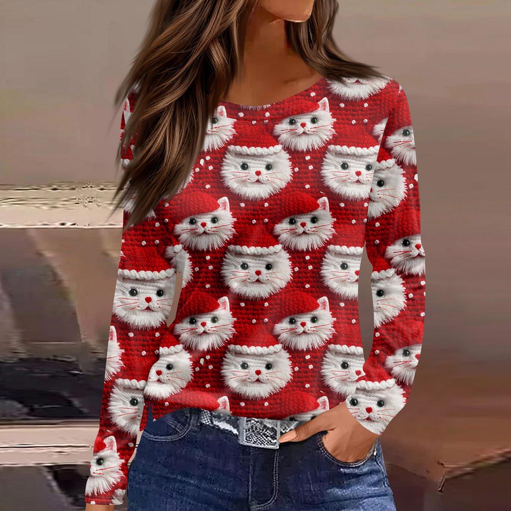 3D Santa Claus Head Printed Round Neck Long Sleeve T-shirt Fashion Casual Long Sleeve Top