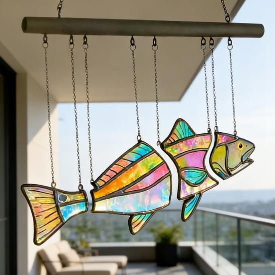 Handcrafted Stained Glass Fish Suncatcher Acrylic Fish Window Hanging Ornament Handmade Iridescent Fish Wind Chime for Patio Garden Home