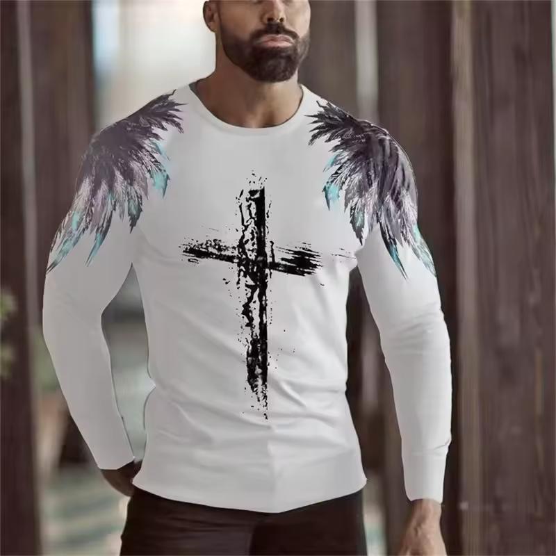 Men's T-shirt Christian Letter Pattern Jesus Retro Long Sleeve Round Neck T-shirt 3D Printed T-shirt Sports Men's Clothing