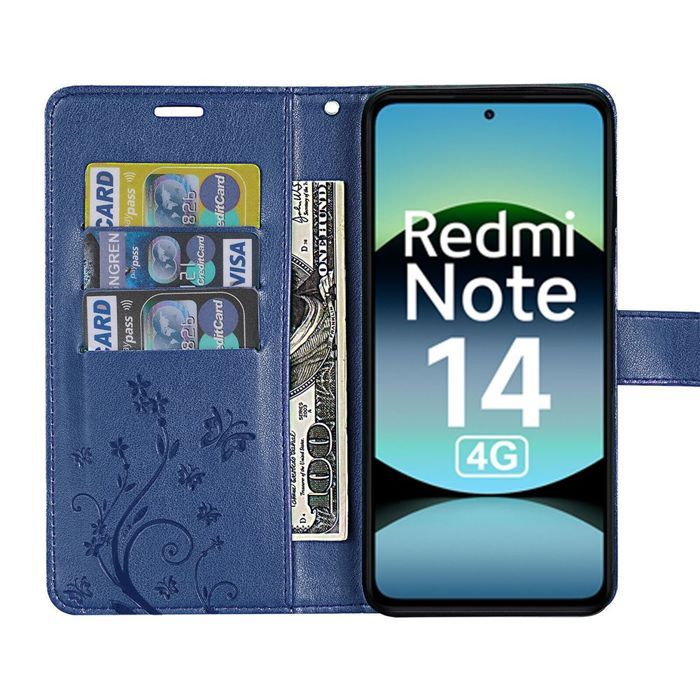 Case for Xiaomi Redmi Note 14 4G (not for 5G) Shockproof Protection Synthetic Leather Butterfly Flower Navy Blue