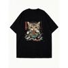Oversized T Shirt Black Cat Eating Noodles With Chinese Characters And Mountains Print Casual Streetwear For Women And Men