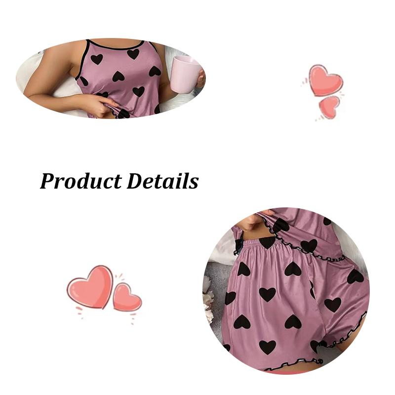 FINETOO Cute Heart Print Satin Sleepwear Set Women Spaghetti Strap Ice Silk Pajamas Short Sleeveless Breathable Lounge Suit Girls Gifts