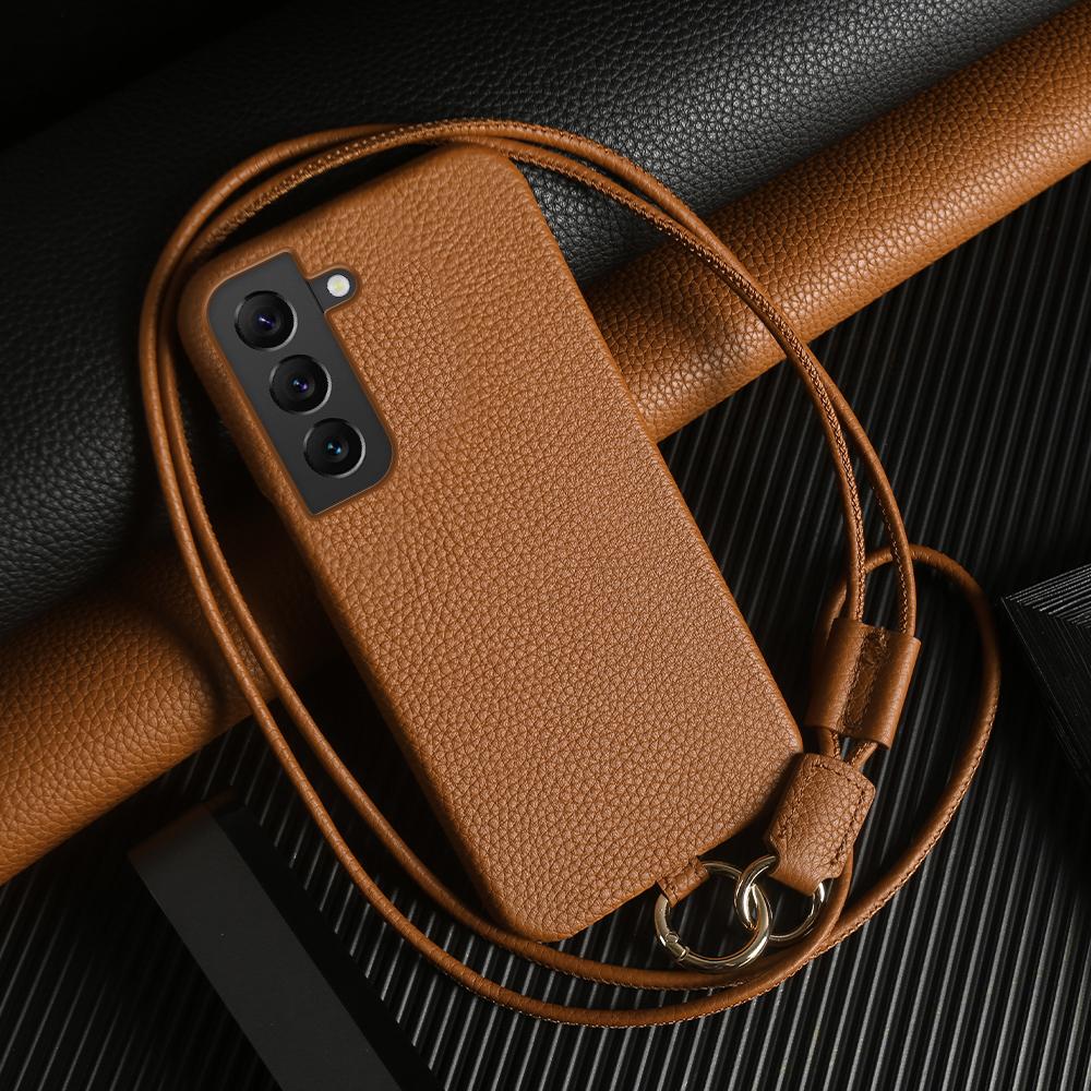For Samsung Galaxy S22 5G Case with Lanyard Genuine Cow Leather PC Phone Back Cover