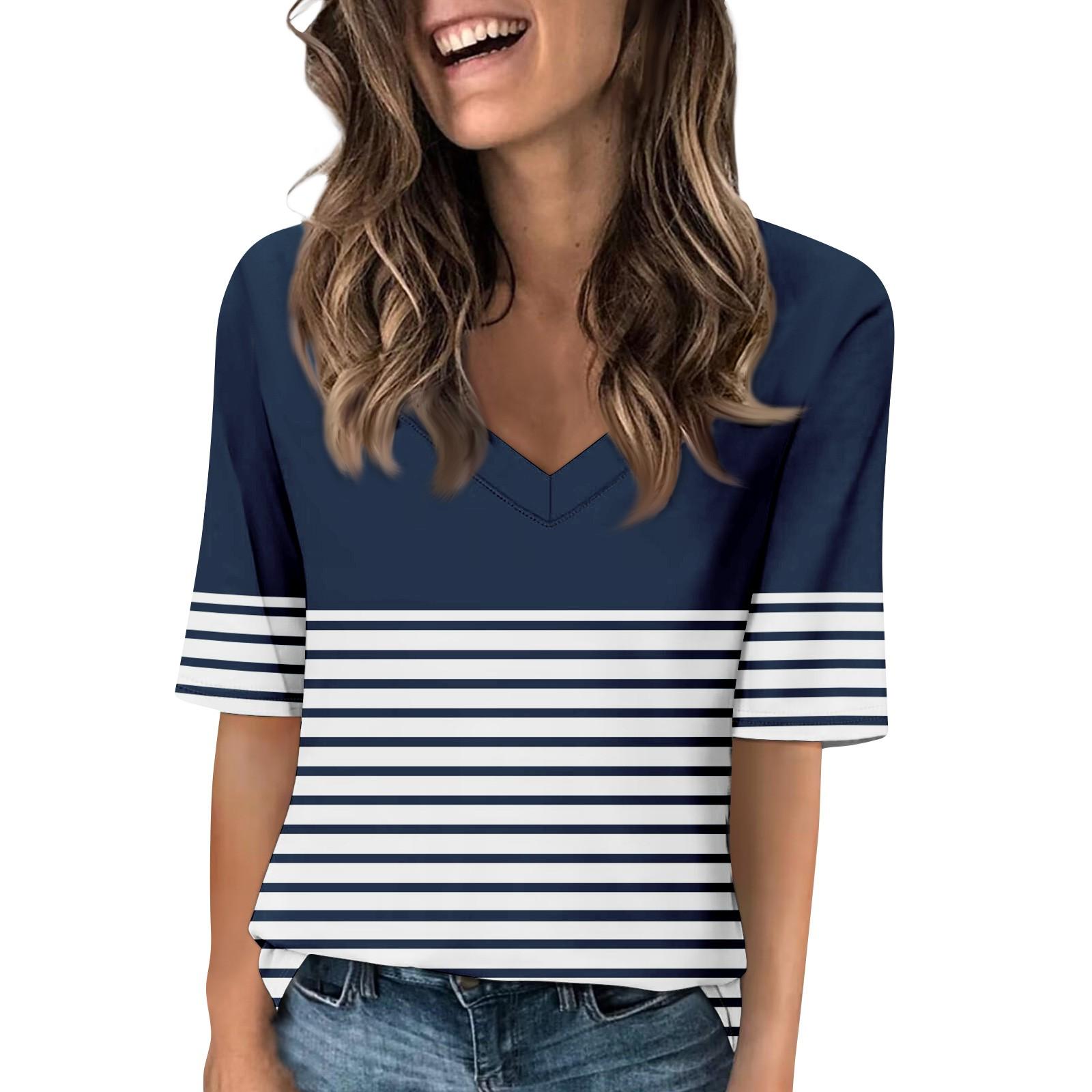

Женские футболки с V-образным вырезом, топы с половиной рукавов, повседневные летние футболки с принтом, футболка, блузка S тёмно-синий